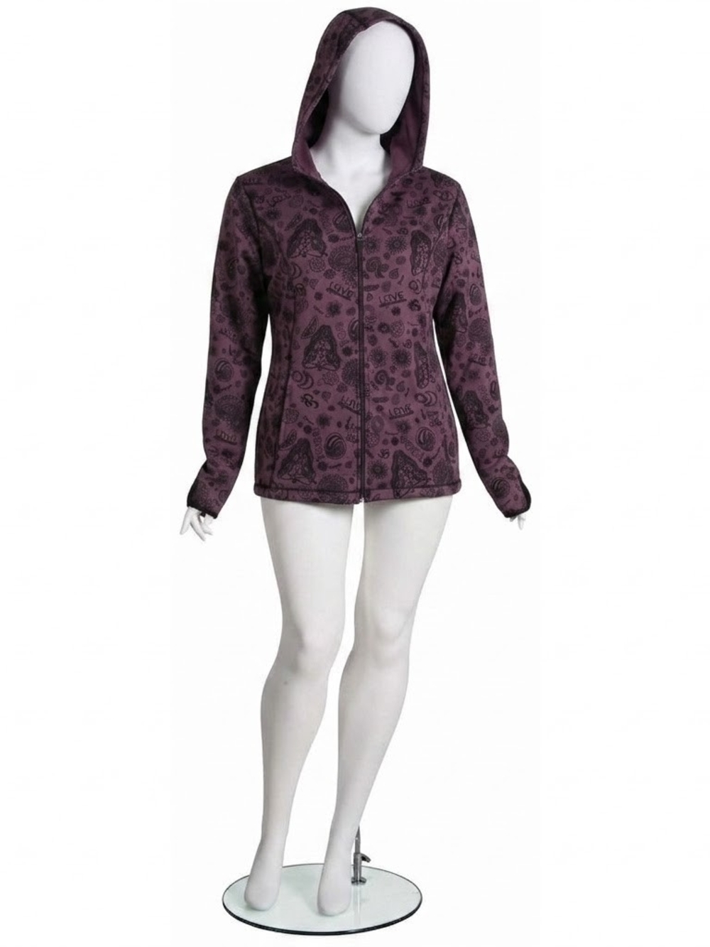 Women's Plum Purple Graphic Printed Fleece Zip-Up Hoodie with Thumbholes